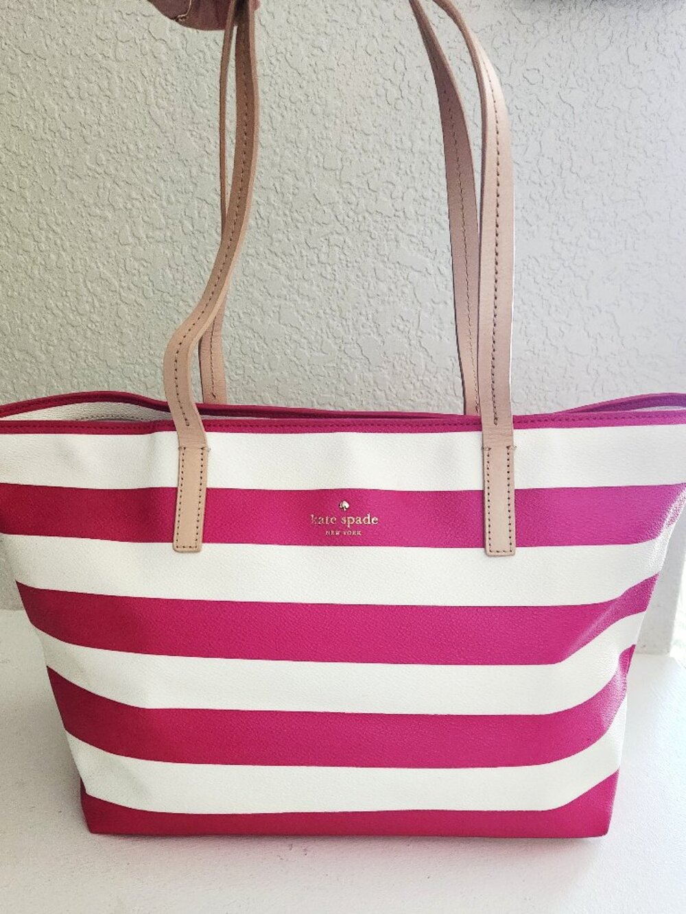 Euc Kate Spade NY Pink & White Striped Tote Bag Purse